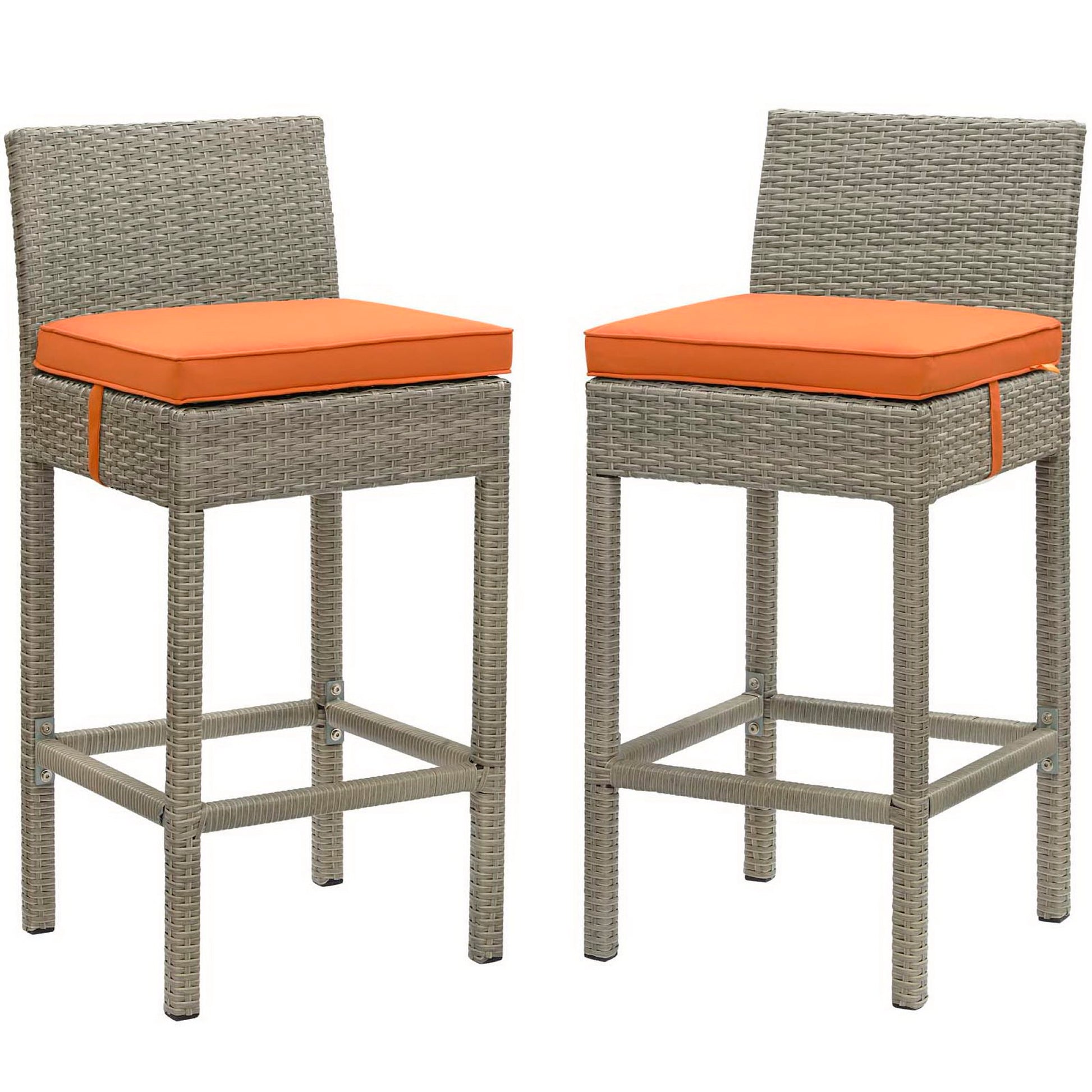 Two gray wicker bar stools with orange cushions, square seats, high backs, metal foot rails for outdoor patio use.