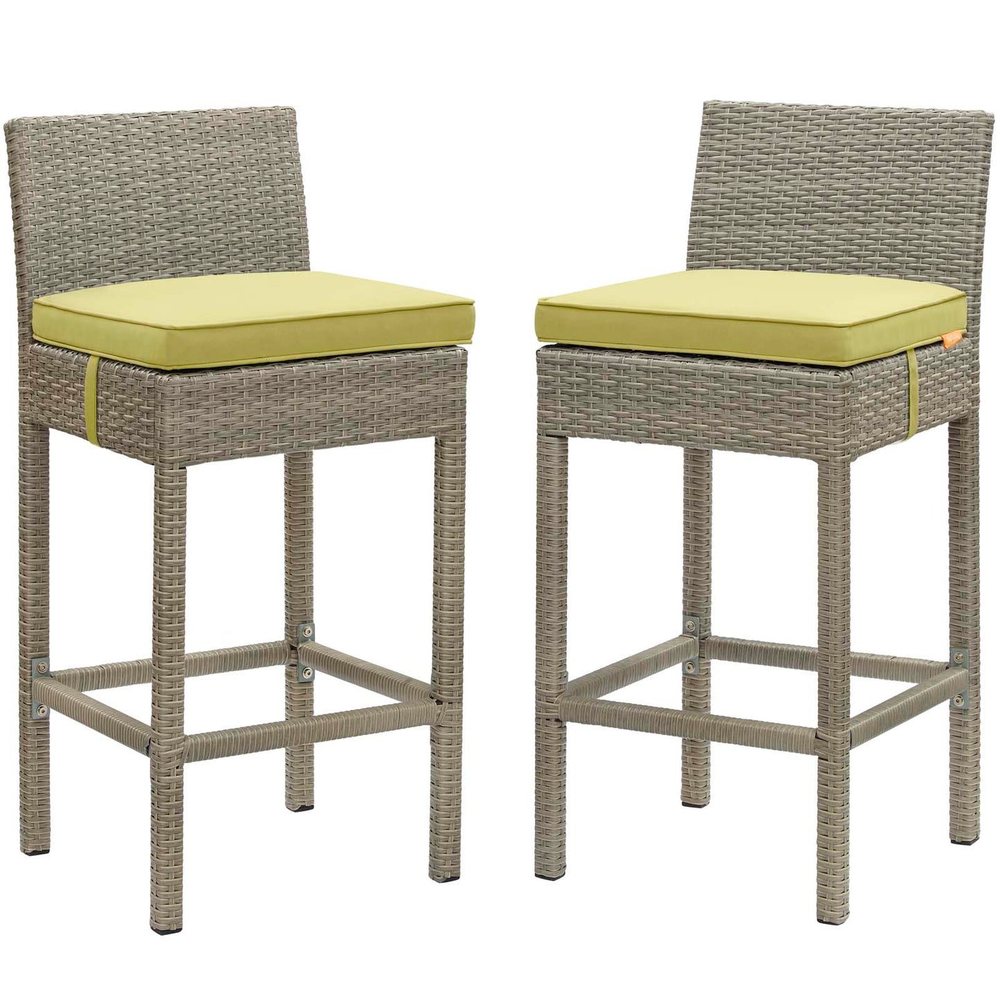 Pair of gray wicker bar stools with yellow cushions and footrests, outdoor patio furniture.