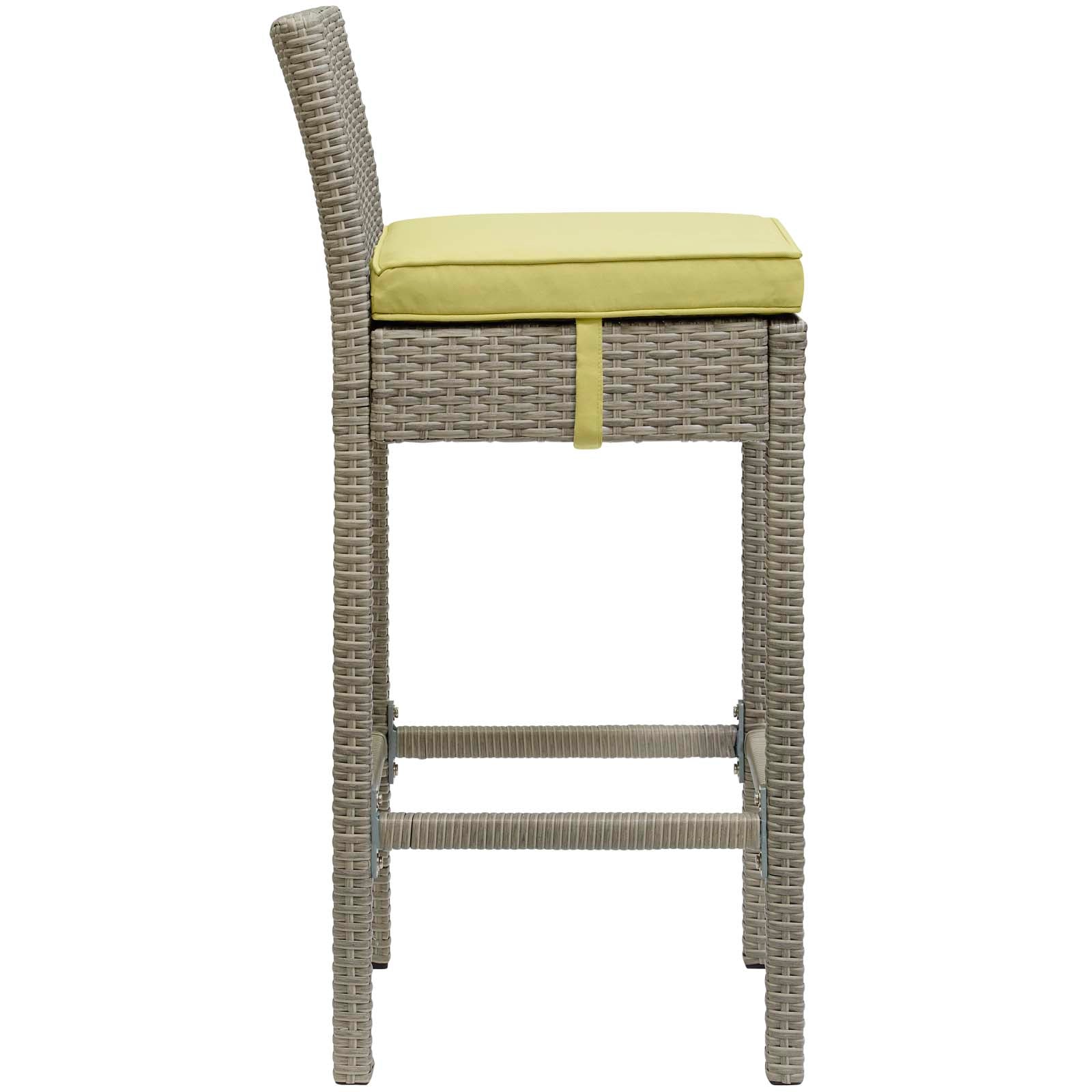 Light gray wicker rattan bar stool with peridot cushion, tall back, and footrest for outdoor patio use; set of 2.