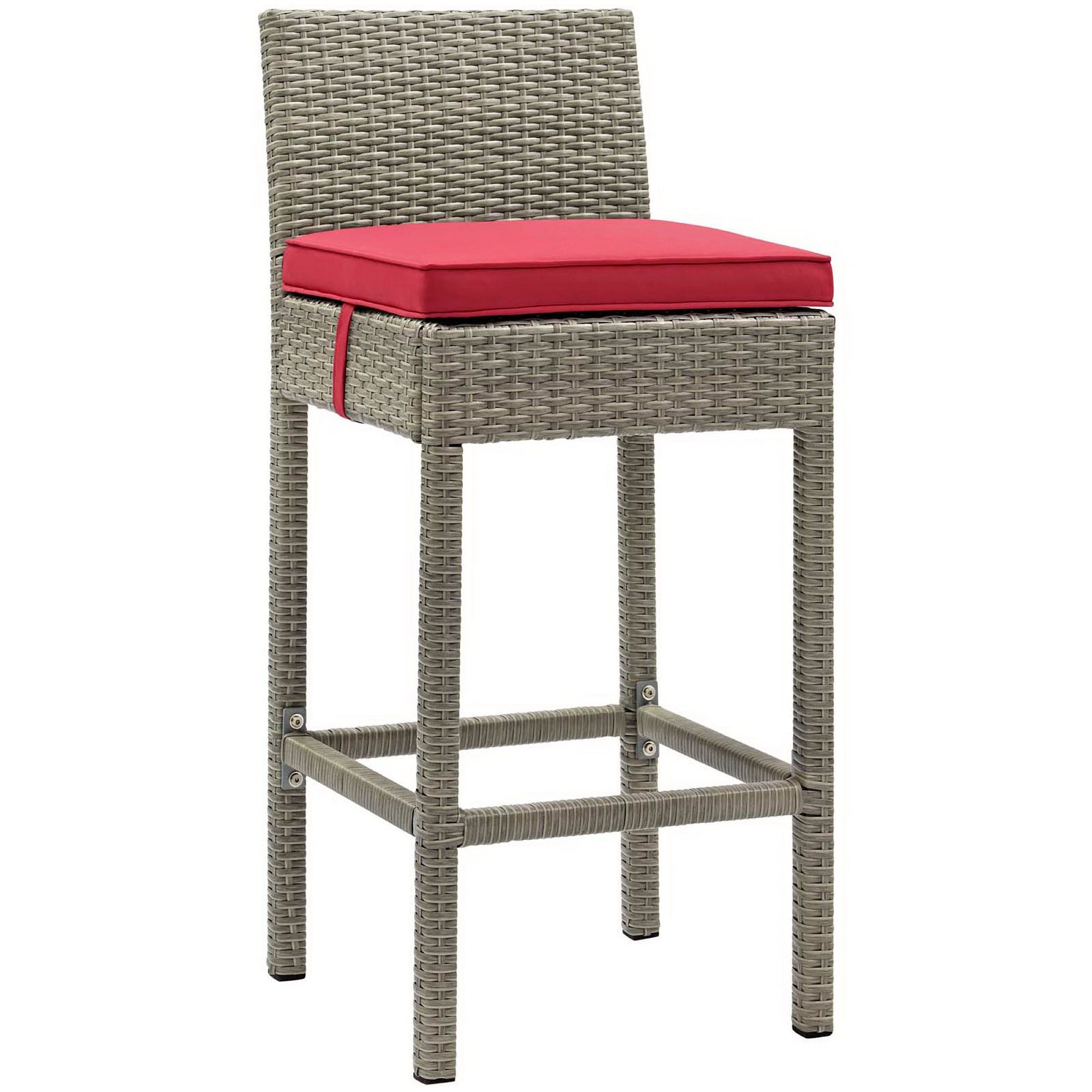 Gray woven rattan bar stool with tall back and red cushion; four square legs with footrest.