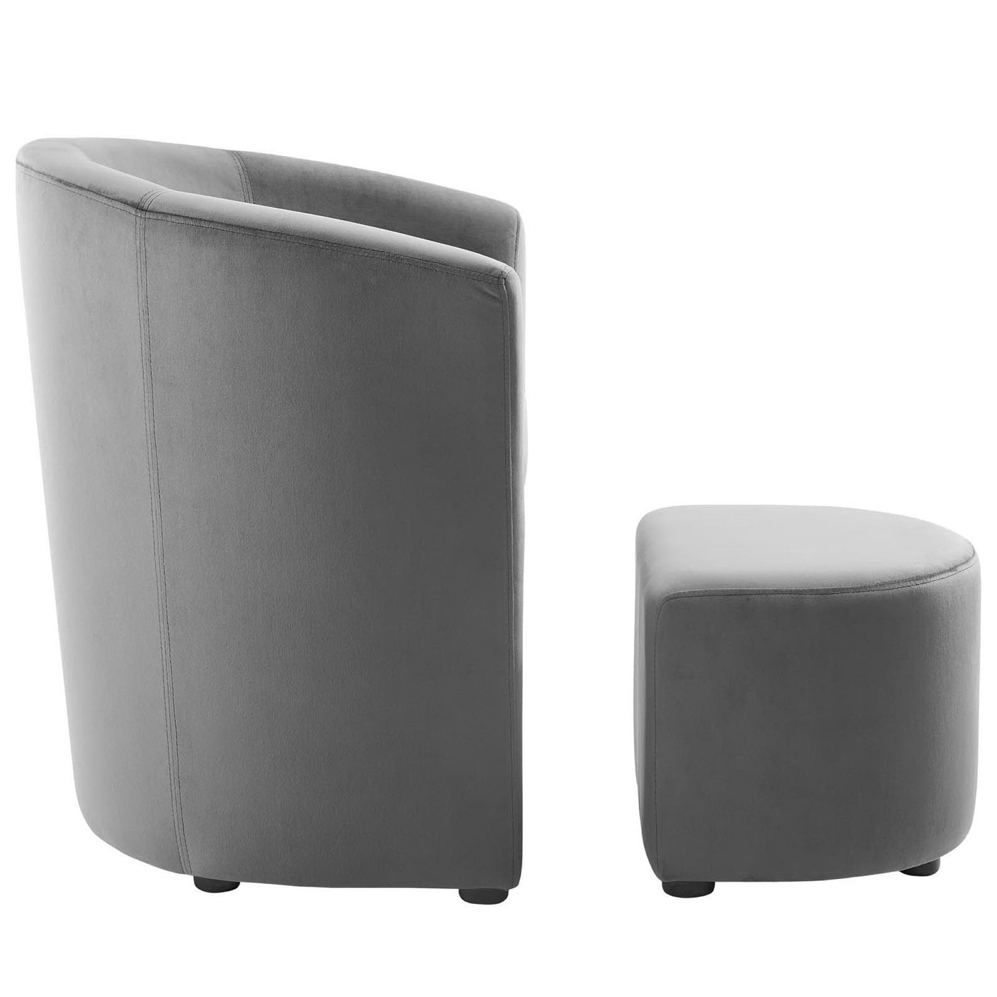 Gray curved-back armchair with a matching gray velvet ottoman, modern contemporary set.