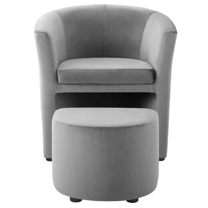 Grey velvet upholstered arm chair with curved arms and matching round ottoman, contemporary lounge set.