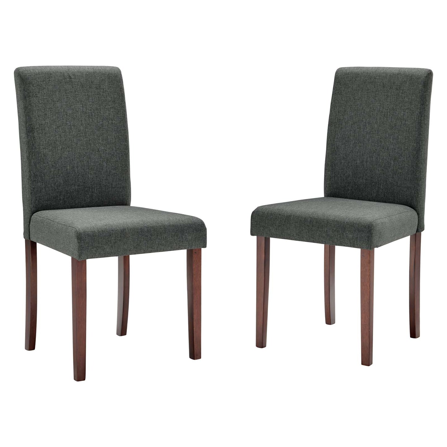 Pair of grey upholstered dining chairs with tall backs & dark wood legs.