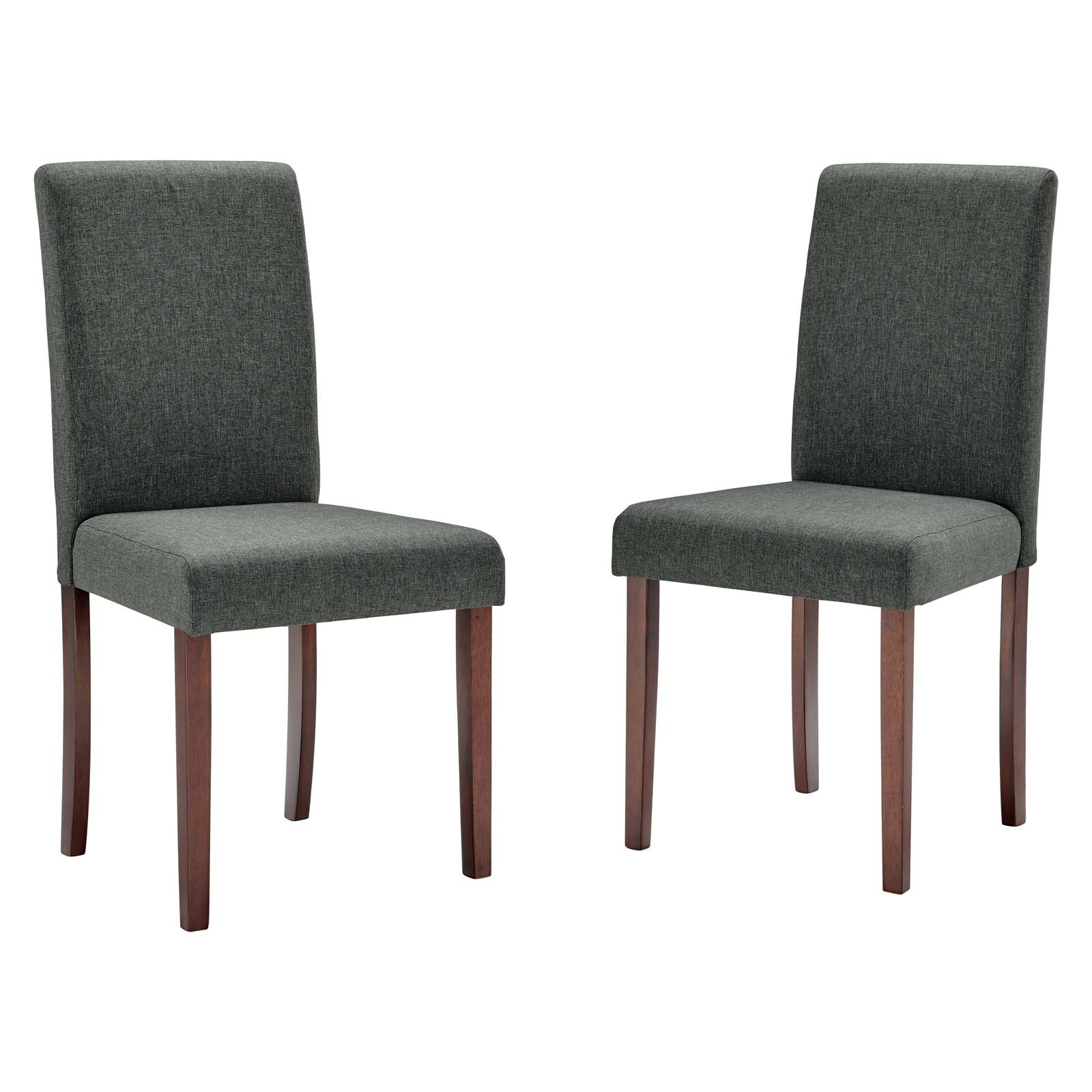 Pair of grey upholstered dining chairs with tall backs & dark wood legs.