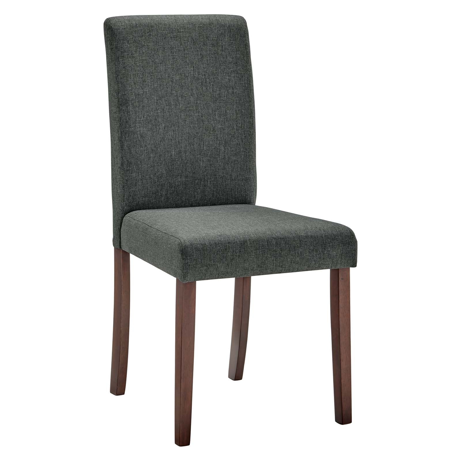 Gray fabric upholstered dining side chair with high back and brown wooden legs, set of 2.