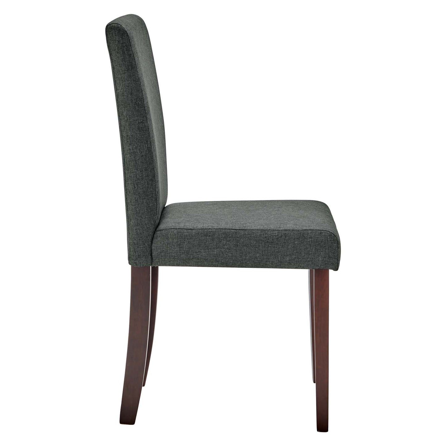 Gray fabric dining chair with tall curved back and dark wood tapered legs.