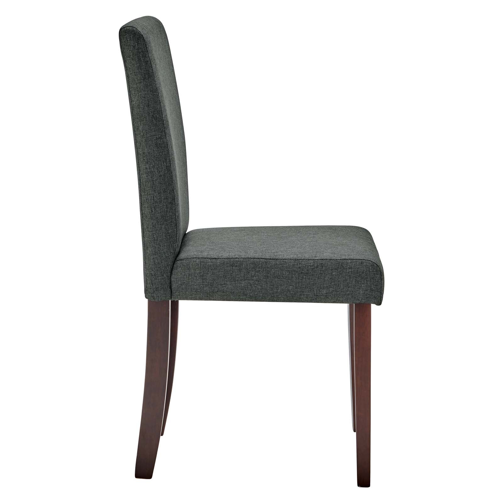 Gray fabric dining chair with tall curved back and dark wood tapered legs.