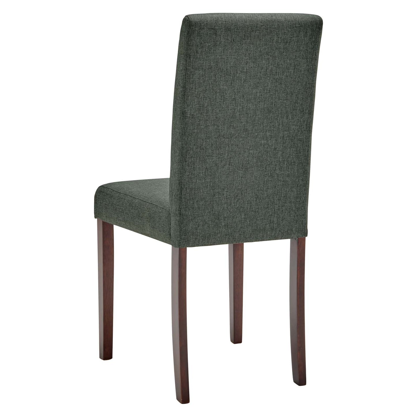 Dark gray upholstered dining chair with tall back, brown wooden legs, padded seat.