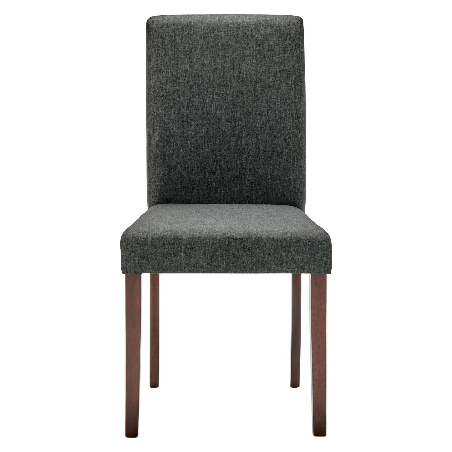 Grey fabric dining side chair with tall back, padded seat, and brown wooden legs.