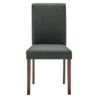 Grey fabric dining side chair with tall back, padded seat, and brown wooden legs.
