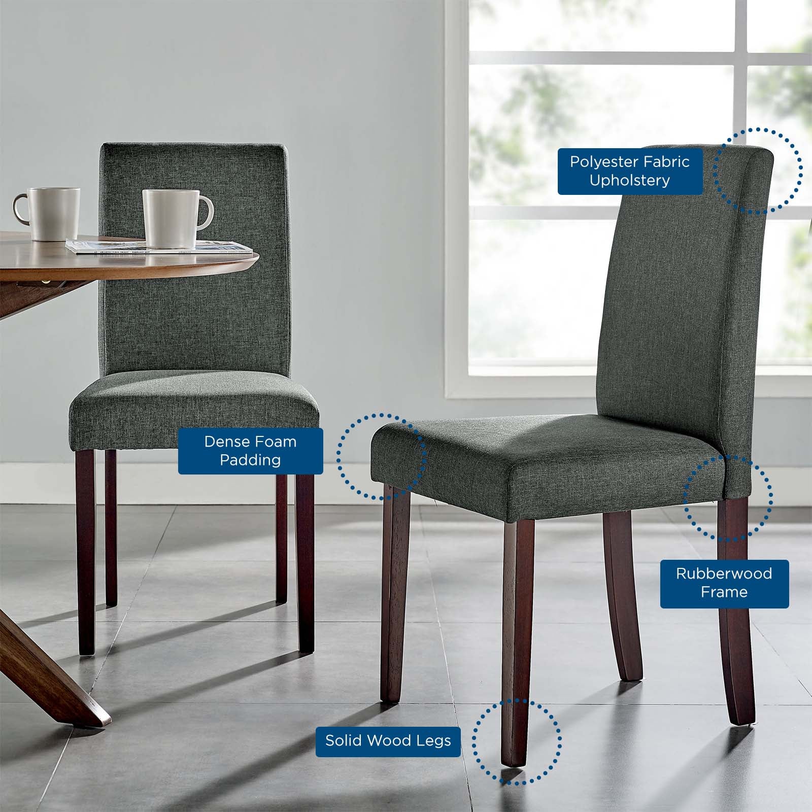 Dark gray polyester upholstered dining side chair with dense foam padding, rubberwood legs and solid wood frame; contemporary style; set of 2.