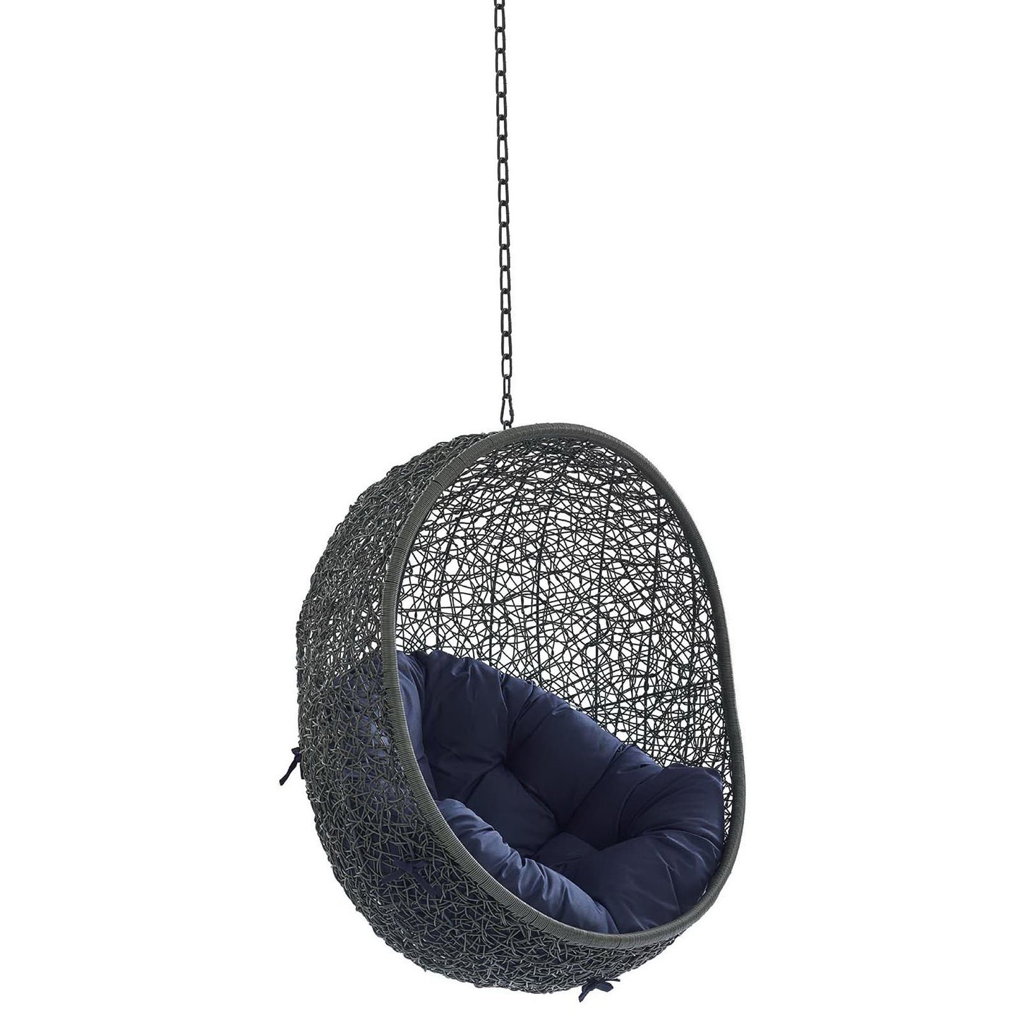 Gray fabric outdoor patio swing chair with navy blue cushion, suspended by a metal chain and without a stand