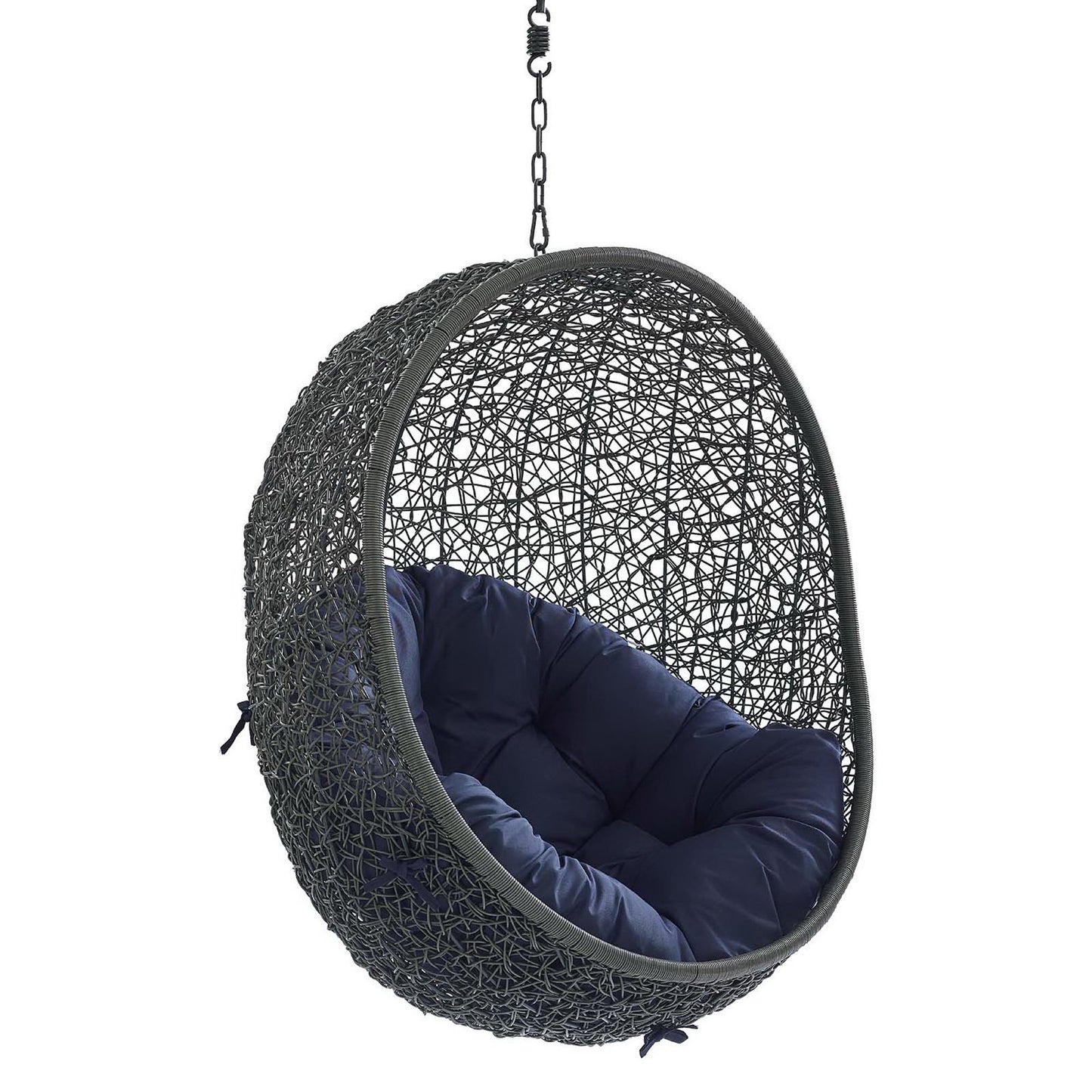 Gray woven hanging egg chair with navy cushion and metal chain suspension