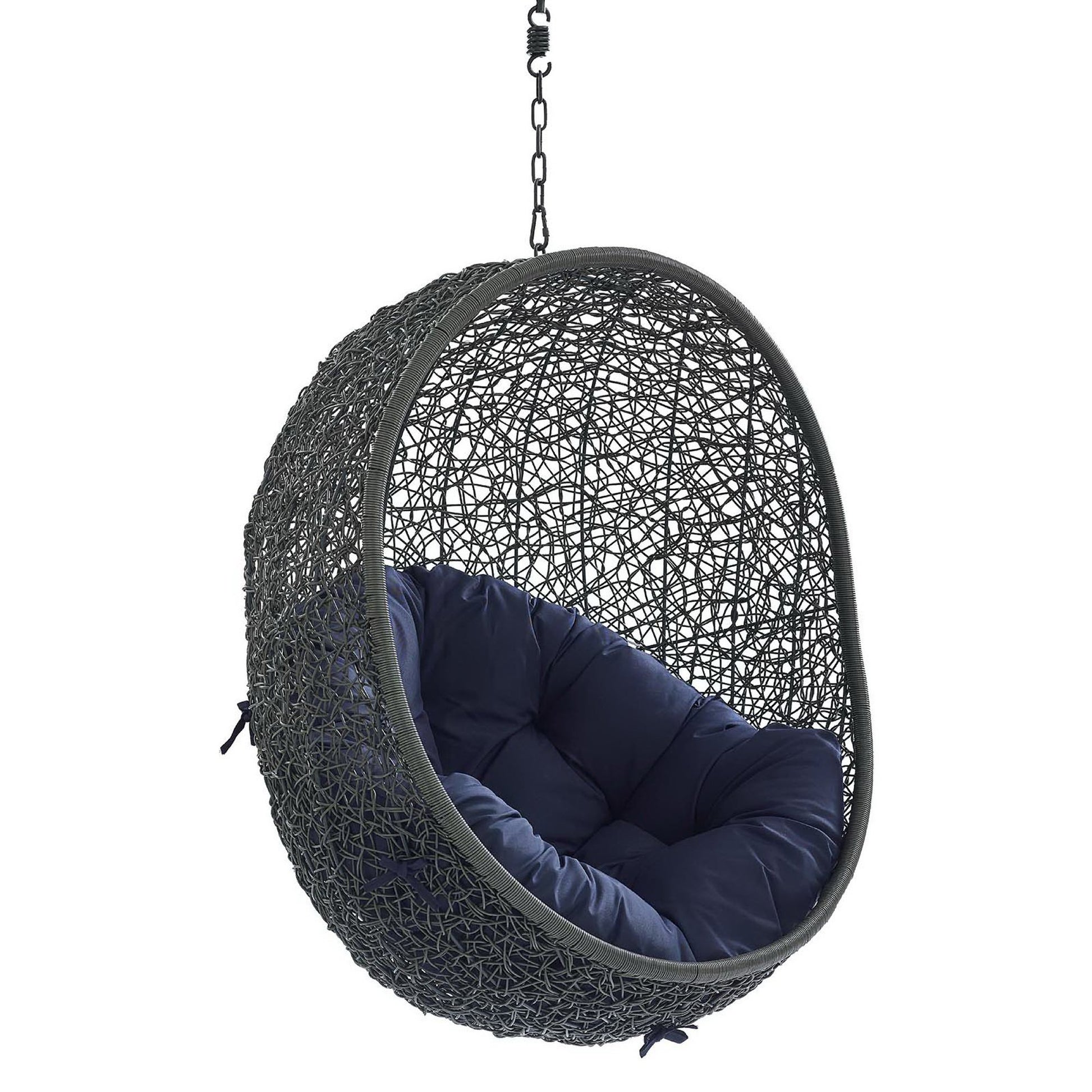 Gray woven hanging egg chair with navy cushion and metal chain suspension