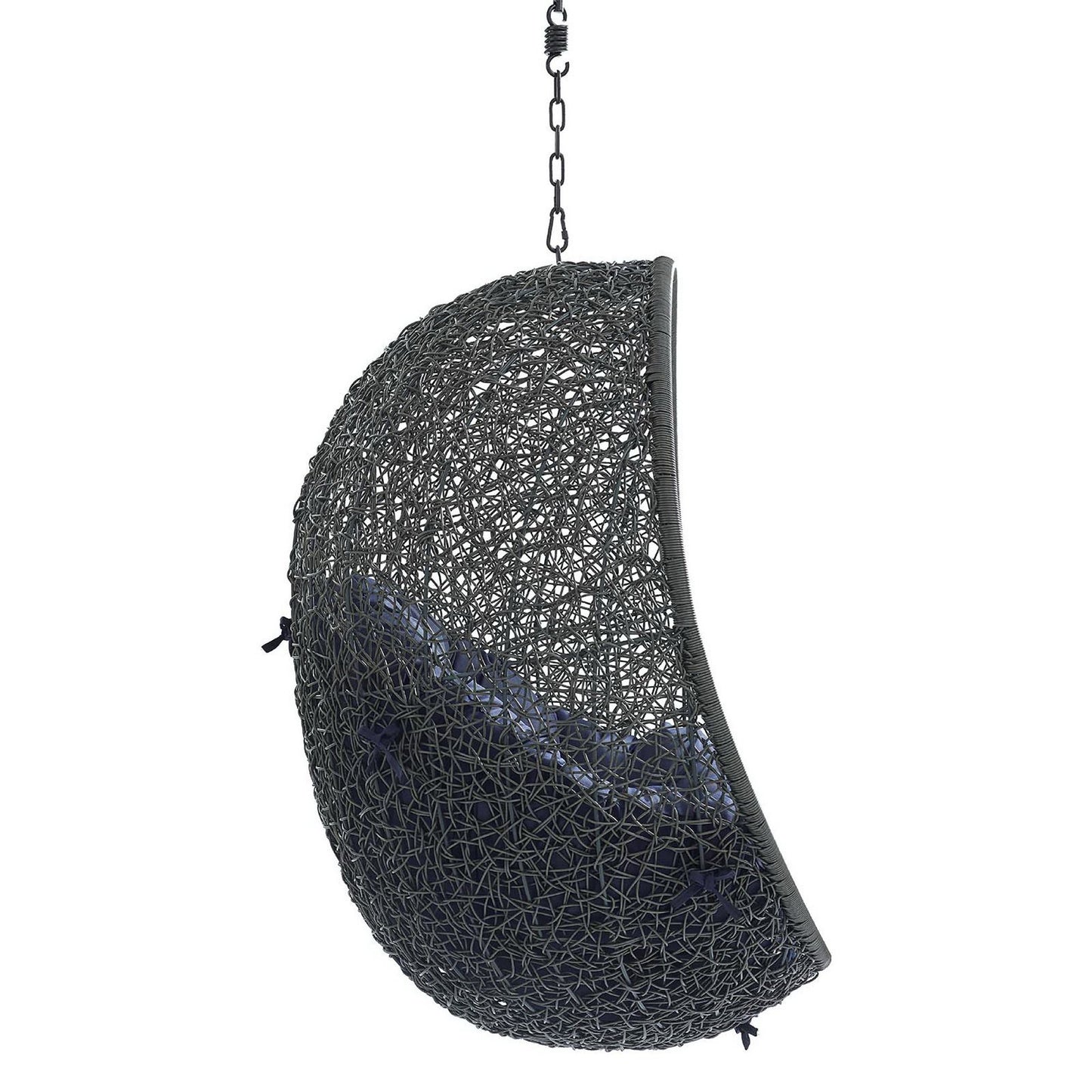 Grey woven crescent hanging chair with navy cushion and chain suspension.