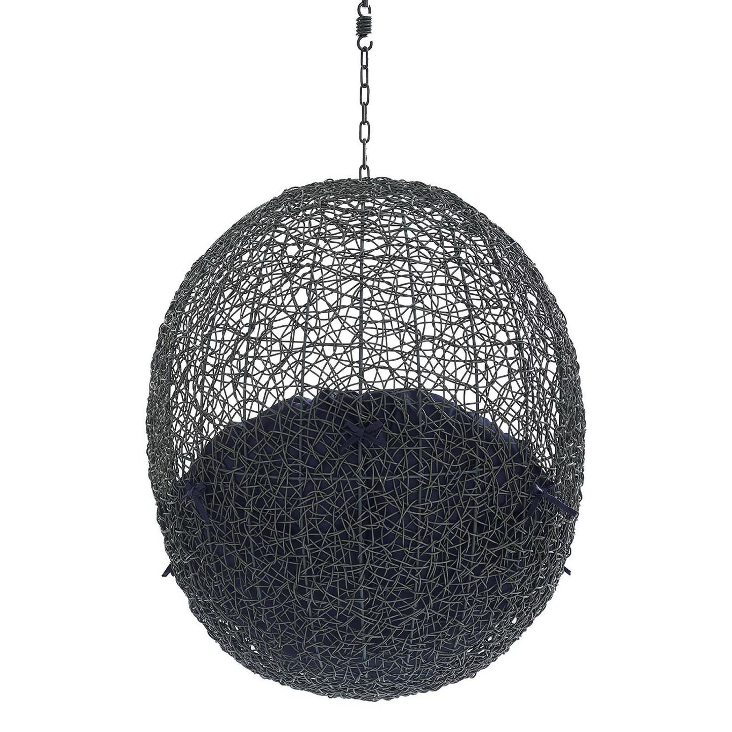 Gray spherical hanging chair with an open wire lattice and a navy cushion, suspended by a metal chain