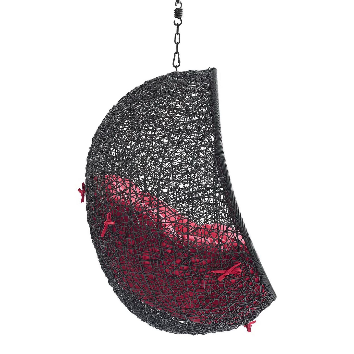 Open-weave black hanging half-sphere chair with red cushion interior and chain hanger.