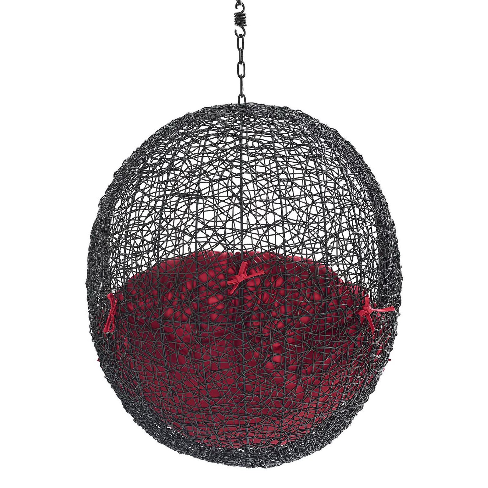 Black woven spherical hanging chair with red cushion and chain hanger.