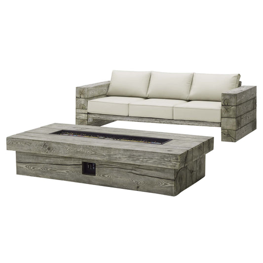 Modway Outlet Manteo Rustic Coastal Outdoor Patio Sunbrella? Sofa and Fire Pit Set by Modway  Outdoor Furniture Furniture Light Gray Beige - EEI-3654-LGR-BEI-SET