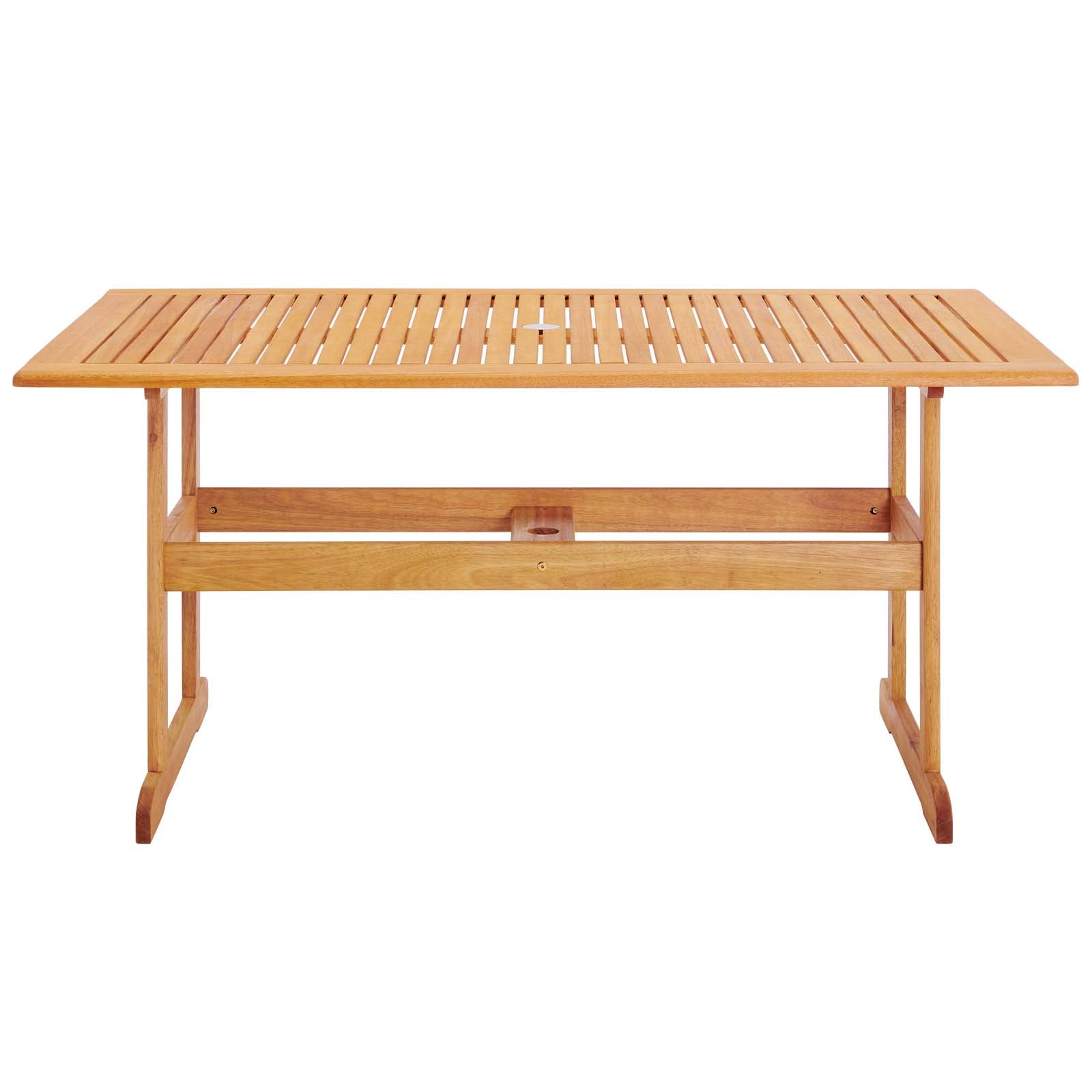 Natural wood slatted top dining table with trestle legs for outdoor patio use.