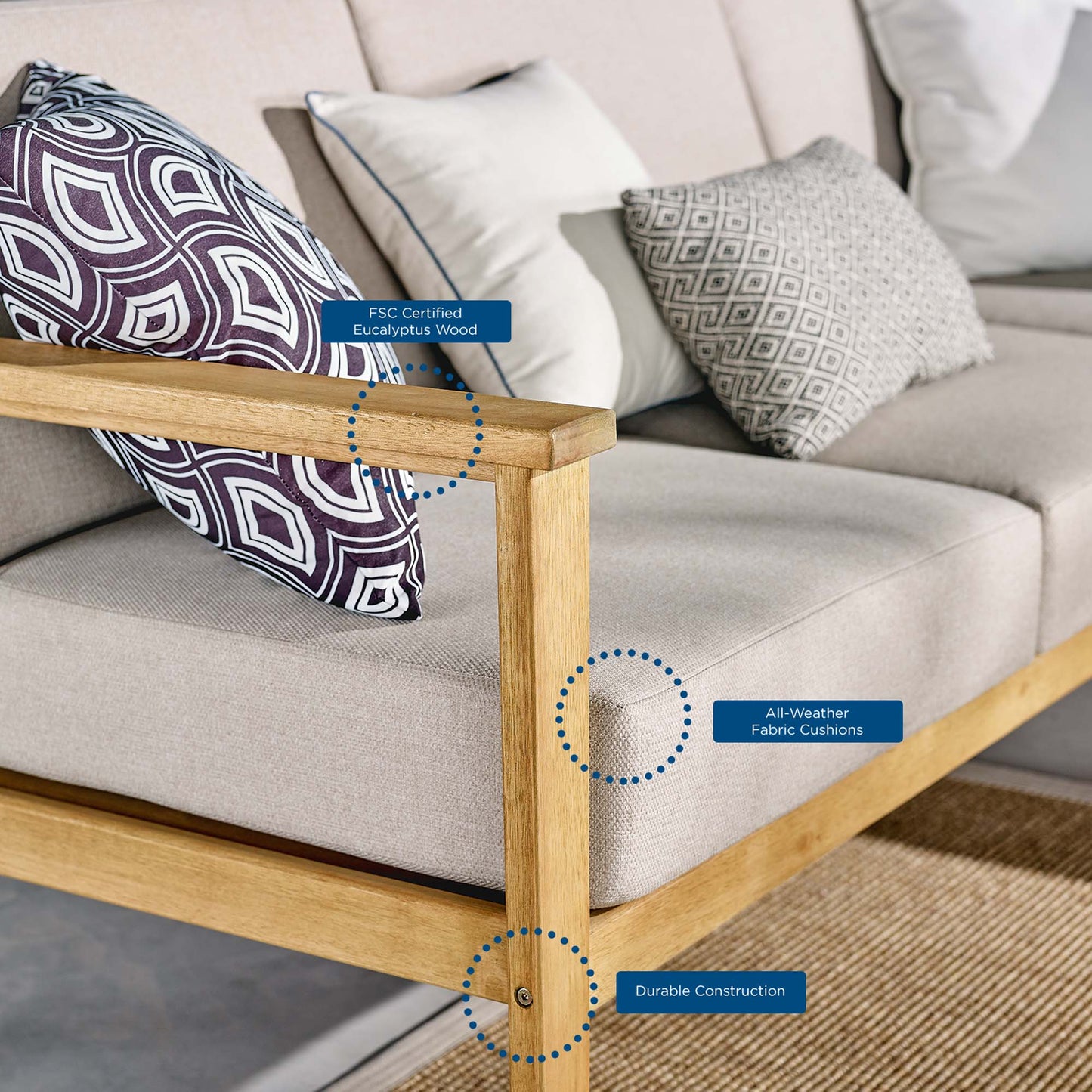 Modway Outlet Sedona Outdoor Patio Eucalyptus Wood Sectional Sofa Corner Chair by Modway  Outdoor Furniture Furniture Natural Taupe - EEI-3680-NAT-TAU