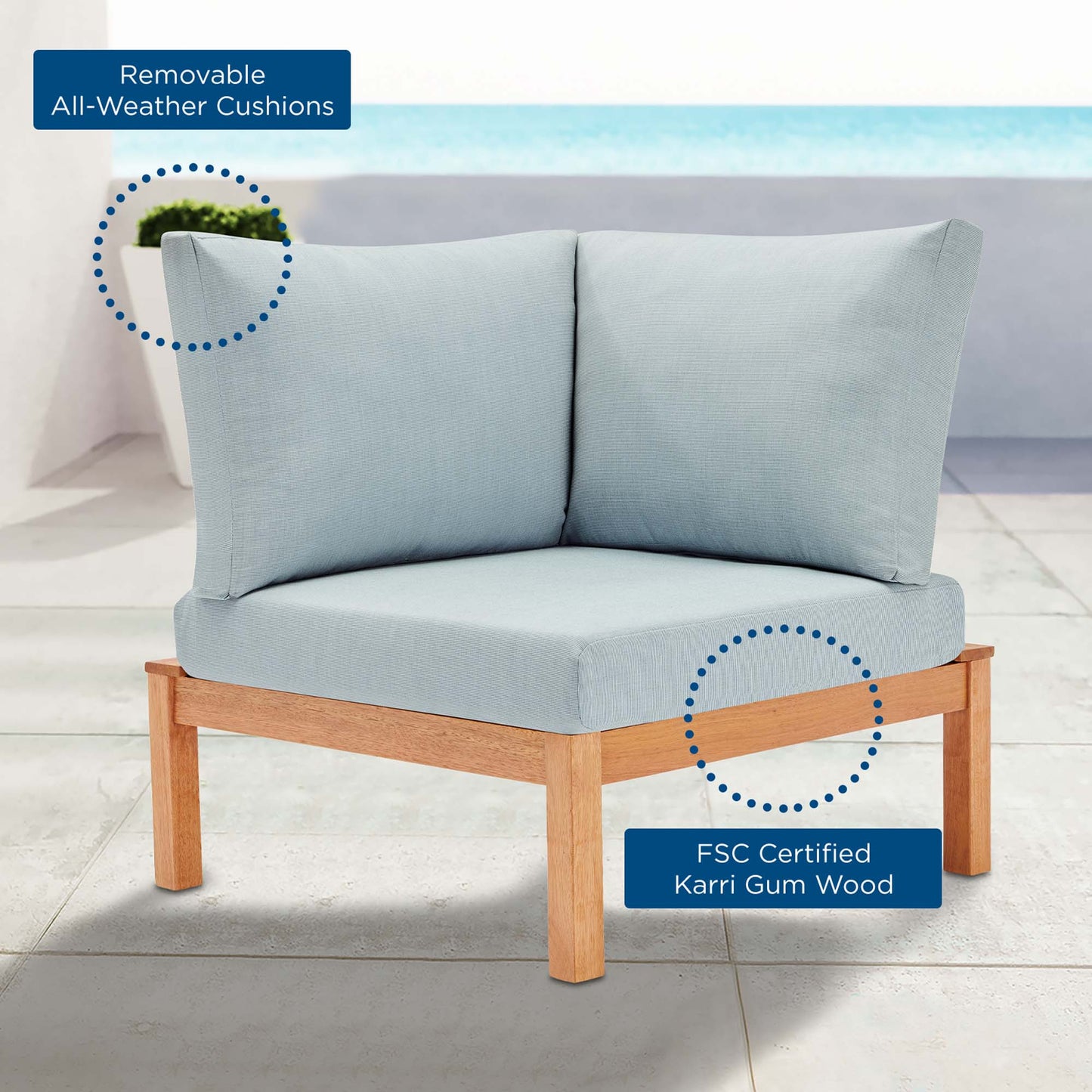 Modway Outlet Freeport Karri Wood Sectional Sofa Outdoor Patio Corner Chair by Modway  Outdoor Furniture Furniture Natural Light Blue - EEI-3694-NAT-LBU