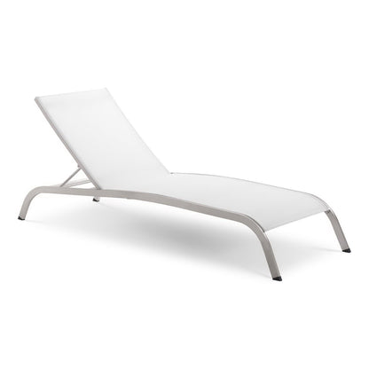 White outdoor mesh chaise lounge with curved aluminum frame and adjustable backrest.