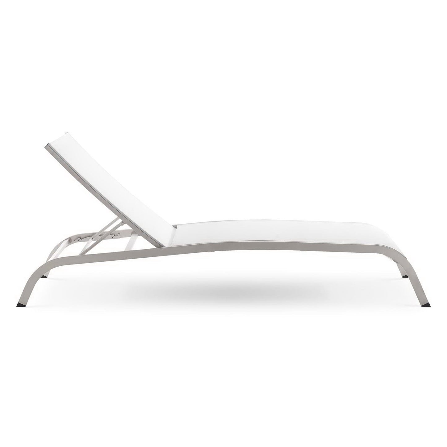 White outdoor chaise lounge with an aluminum frame and mesh seating, adjustable backrest for sunbathing.