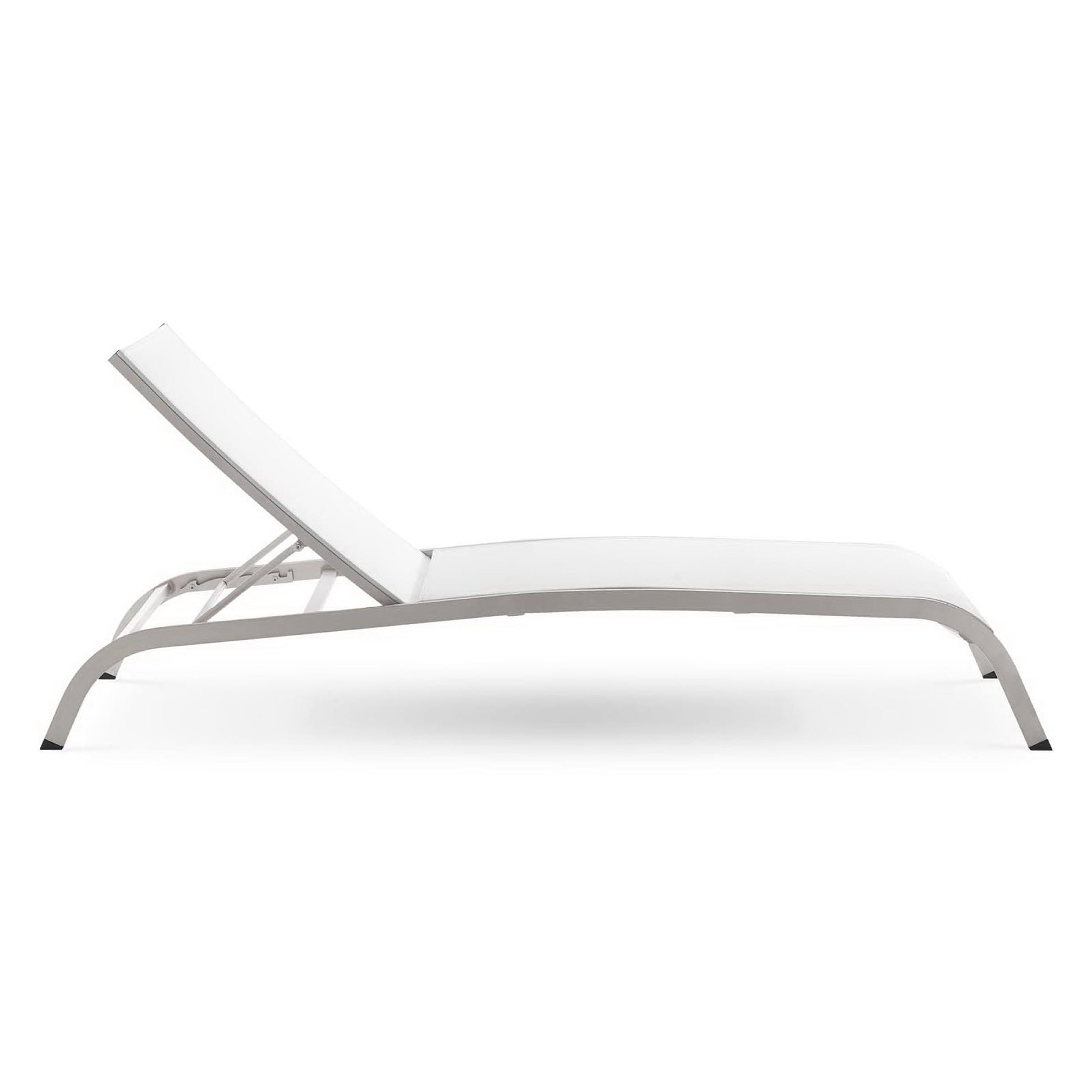 White outdoor chaise lounge with an aluminum frame and mesh seating, adjustable backrest for sunbathing.