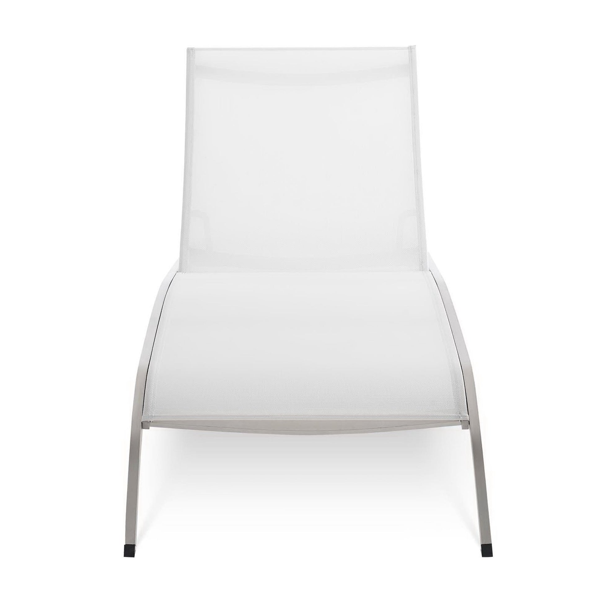 White mesh backrest and seat, slim aluminum frame, modern outdoor chaise lounge chair.