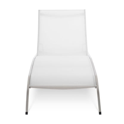 White mesh backrest and seat, slim aluminum frame, modern outdoor chaise lounge chair.