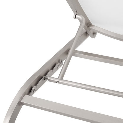White aluminum chaise lounge chair with mesh seating and curved frame for outdoor patio.
