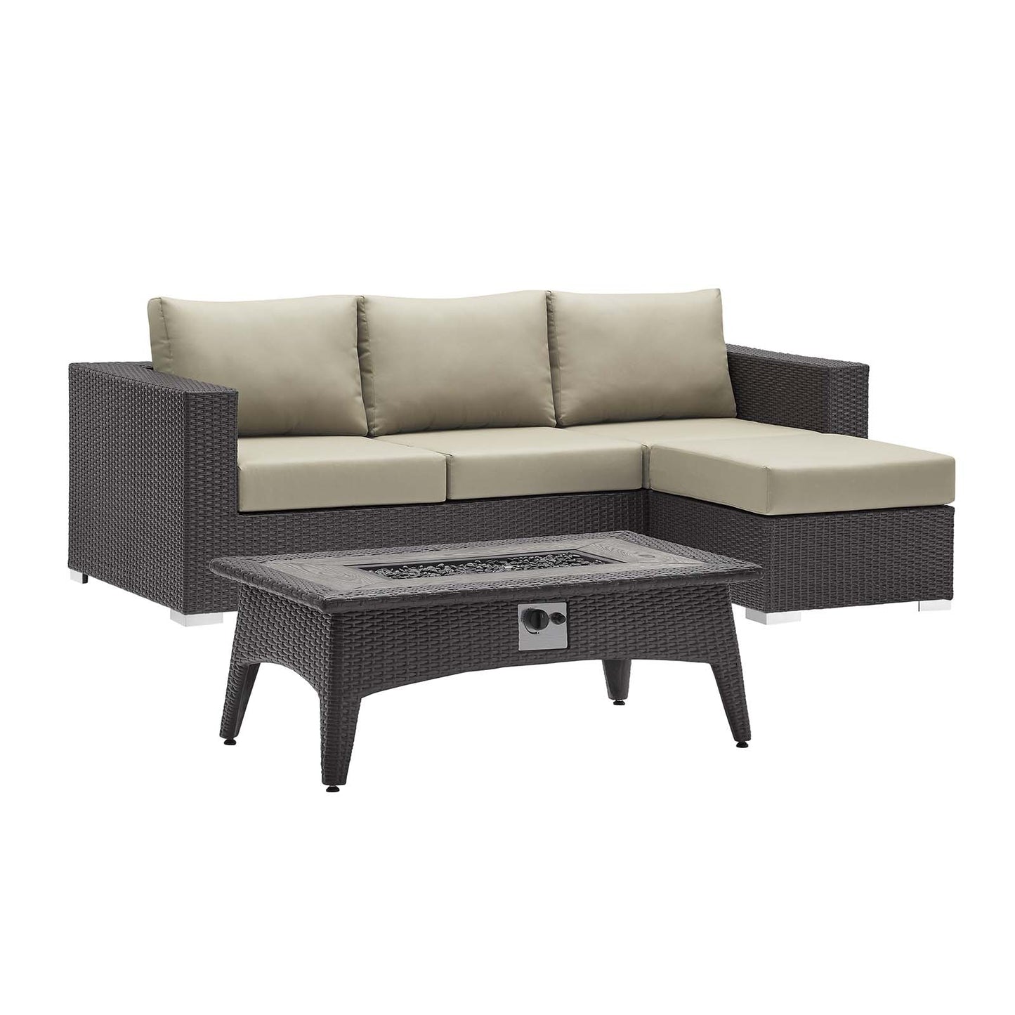Espresso beige woven rattan outdoor 3-piece sectional with beige cushions and a rectangular fire pit table.