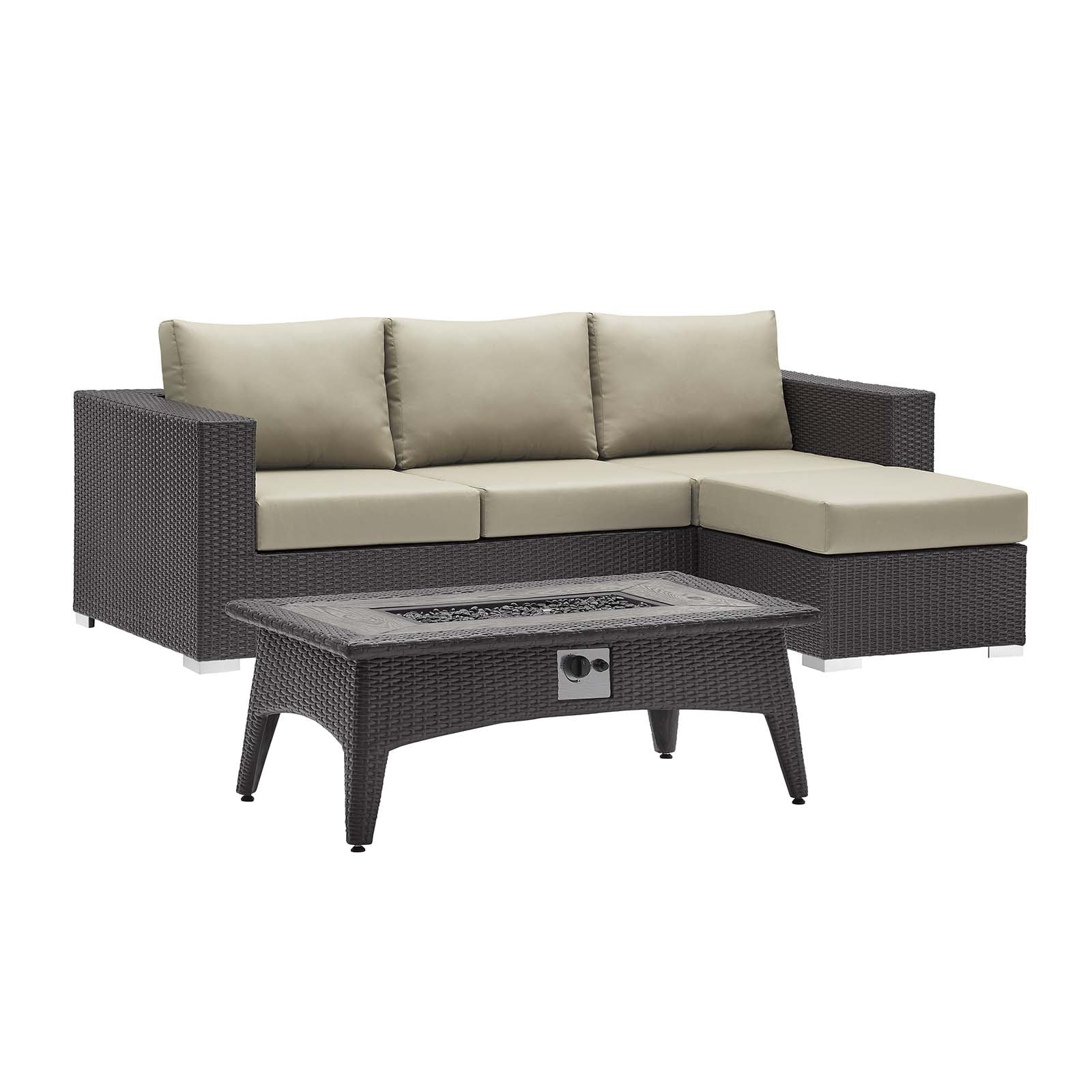 Espresso beige woven rattan outdoor 3-piece sectional with beige cushions and a rectangular fire pit table.