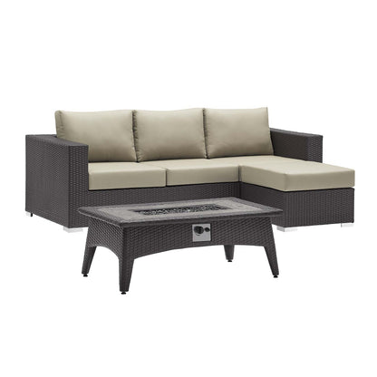 Espresso beige woven rattan outdoor 3-piece sectional with beige cushions and a rectangular fire pit table.