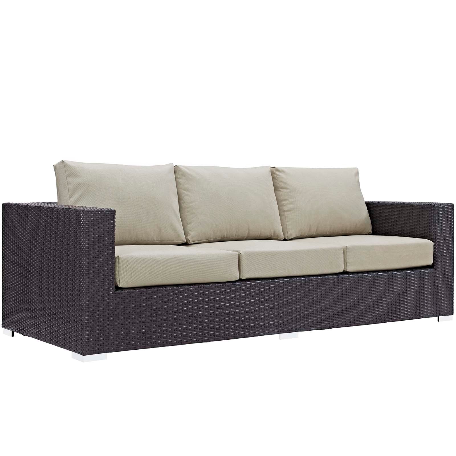 Espresso brown wicker outdoor 3-piece patio set with beige cushions and a fire pit table.