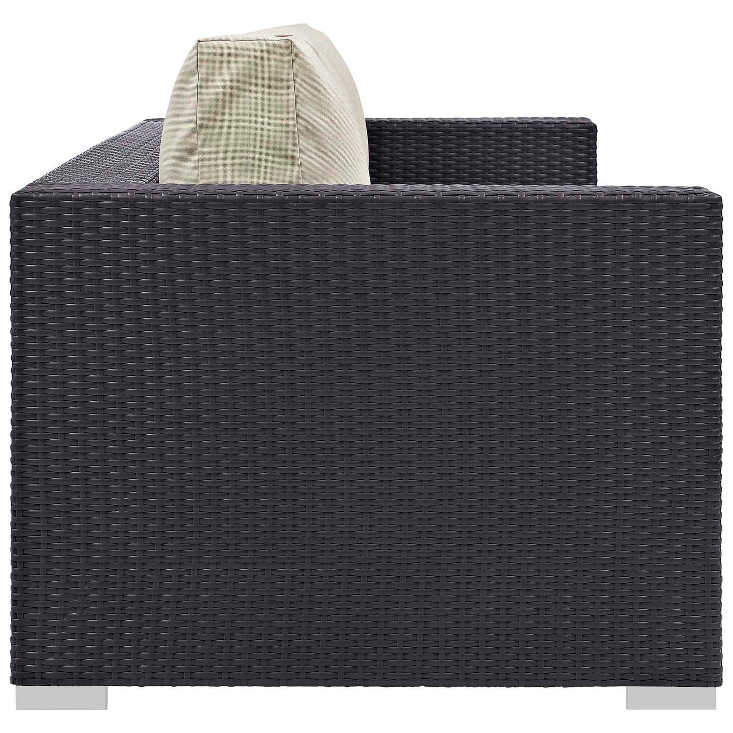 Dark brown woven outdoor wicker 3-piece patio set with beige fabric cushions & a fire pit.