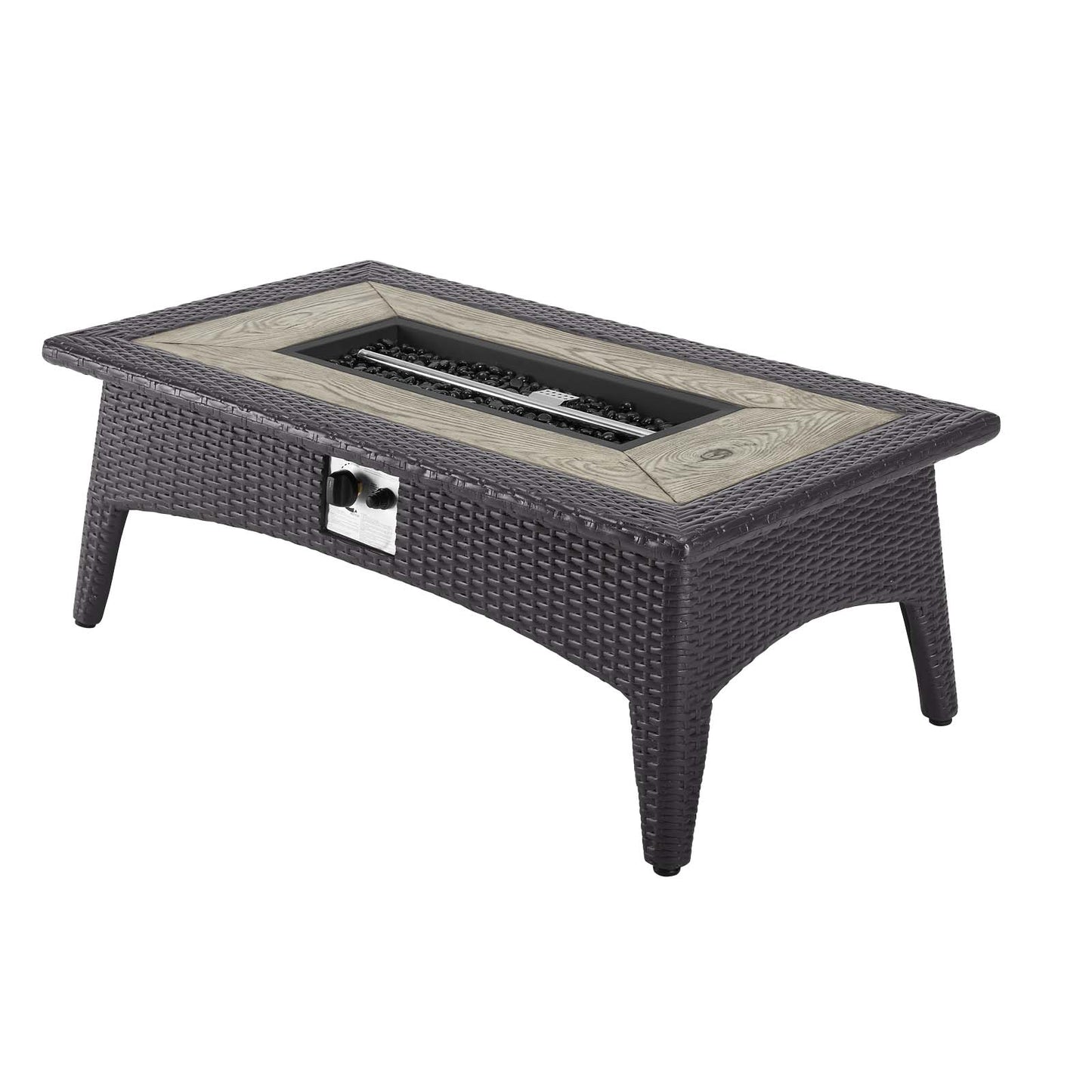 Dark espresso wicker outdoor coffee table with built-in rectangular gas fire pit insert and beige tile surround.