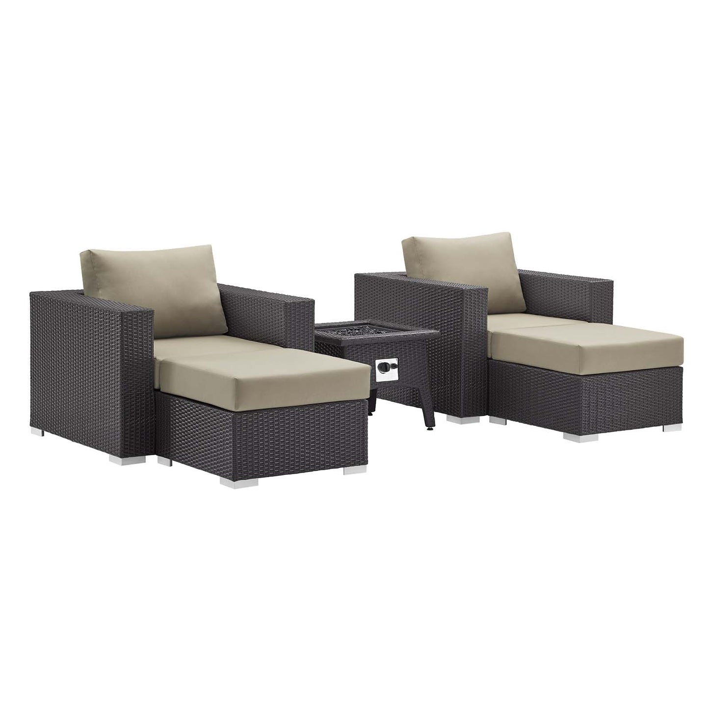 Dark brown wicker outdoor lounge set with beige cushions: two armchairs, a matching ottoman, and a fire pit coffee table.