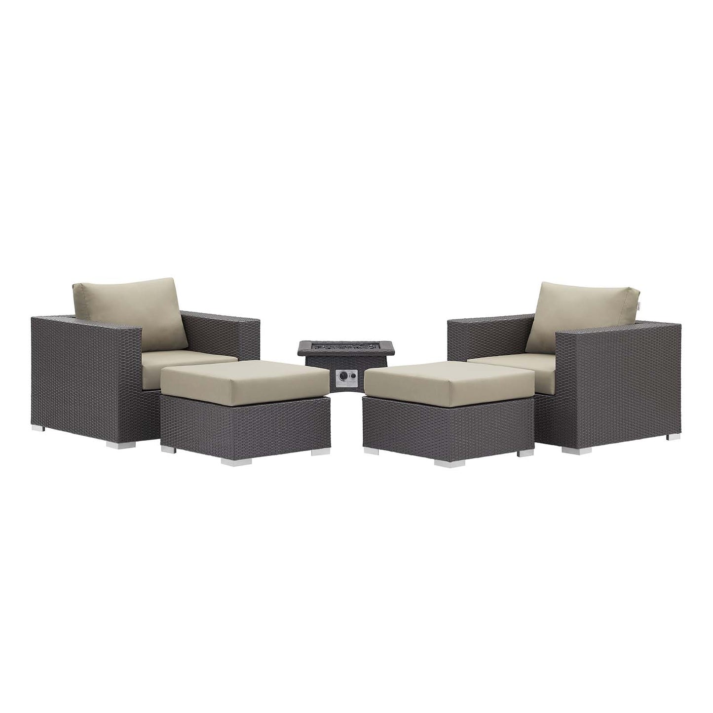 Espresso wicker outdoor 5-piece lounge set with beige cushions, featuring two armchairs, two ottomans, and a central fire pit table.