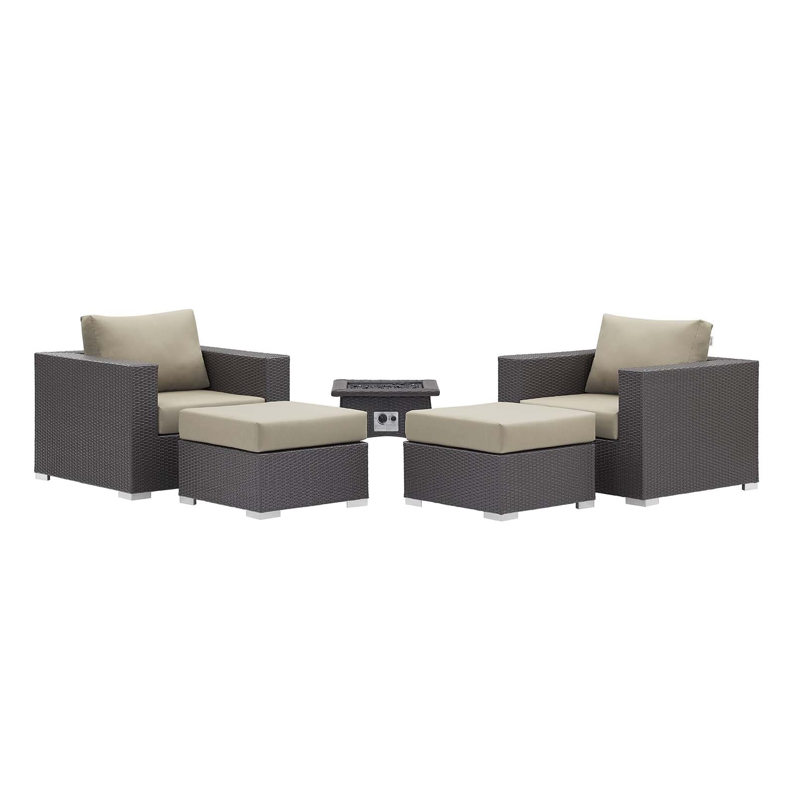 Espresso wicker outdoor 5-piece lounge set with beige cushions, featuring two armchairs, two ottomans, and a central fire pit table.