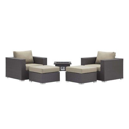 Espresso wicker outdoor 5-piece lounge set with beige cushions, featuring two armchairs, two ottomans, and a central fire pit table.