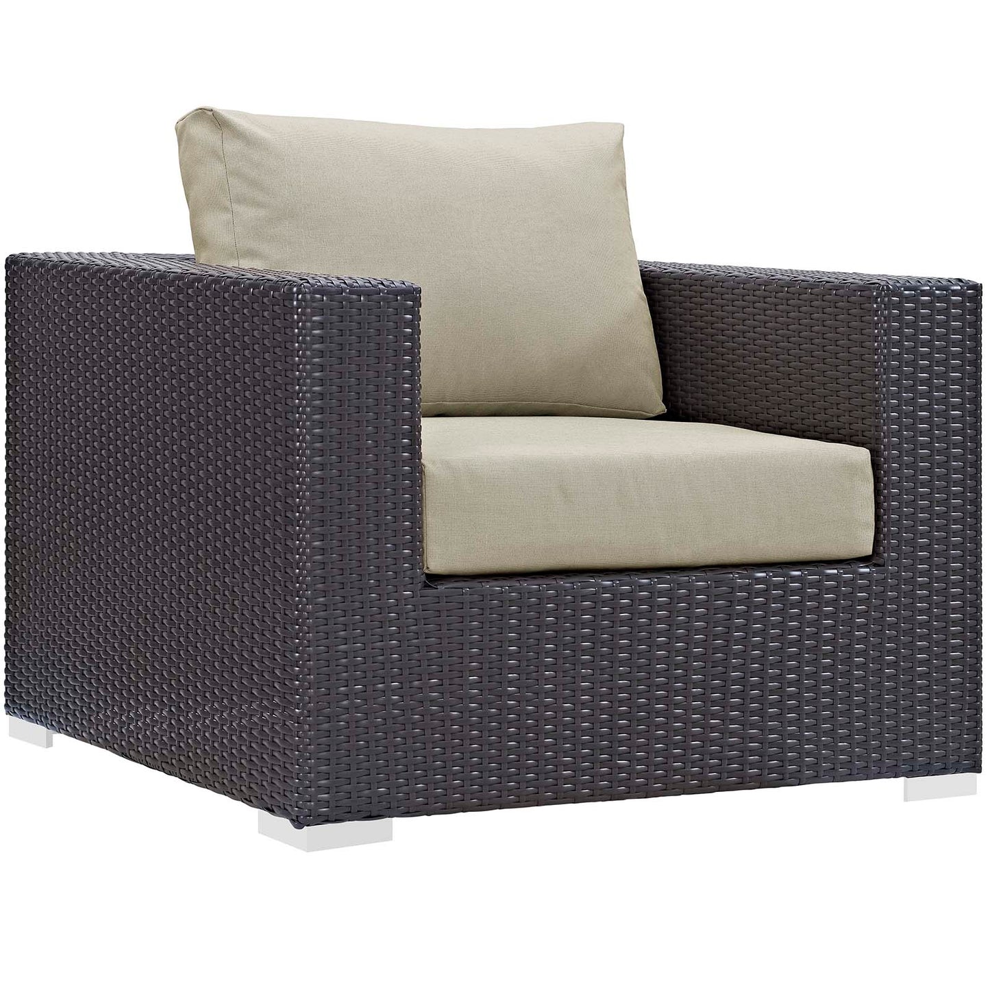 Dark brown wicker outdoor 5-piece furniture set with beige cushions around a square fire pit table.