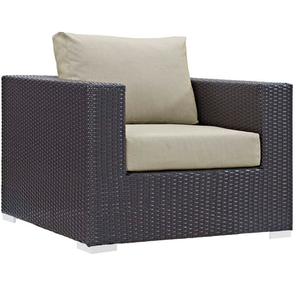 Dark brown wicker outdoor 5-piece furniture set with beige cushions around a square fire pit table.