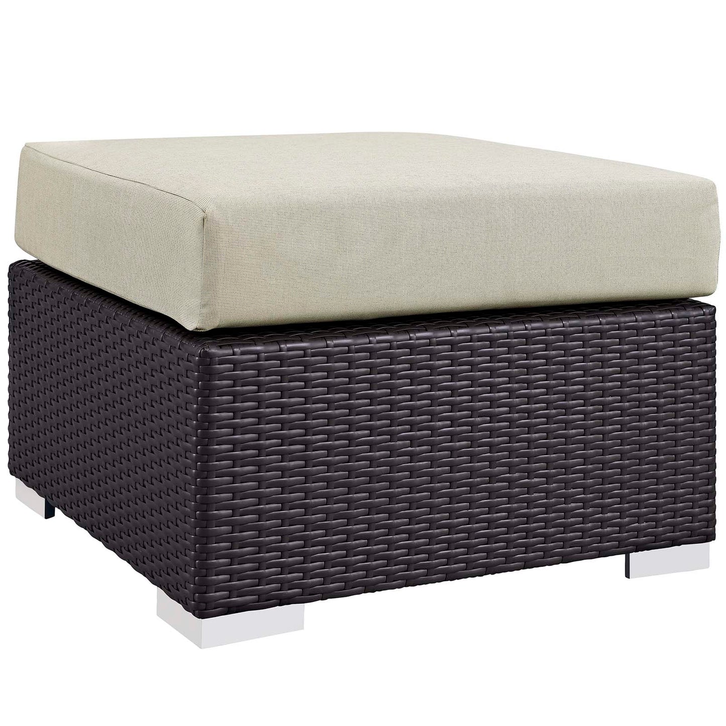 Espresso beige 5-piece outdoor patio set with fire pit; dark brown wicker with beige cushions & square ottoman, seating with silver legs.