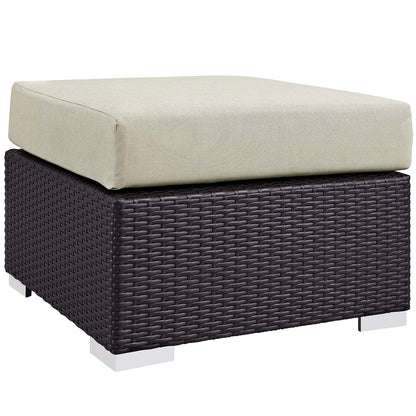 Espresso beige 5-piece outdoor patio set with fire pit; dark brown wicker with beige cushions & square ottoman, seating with silver legs.