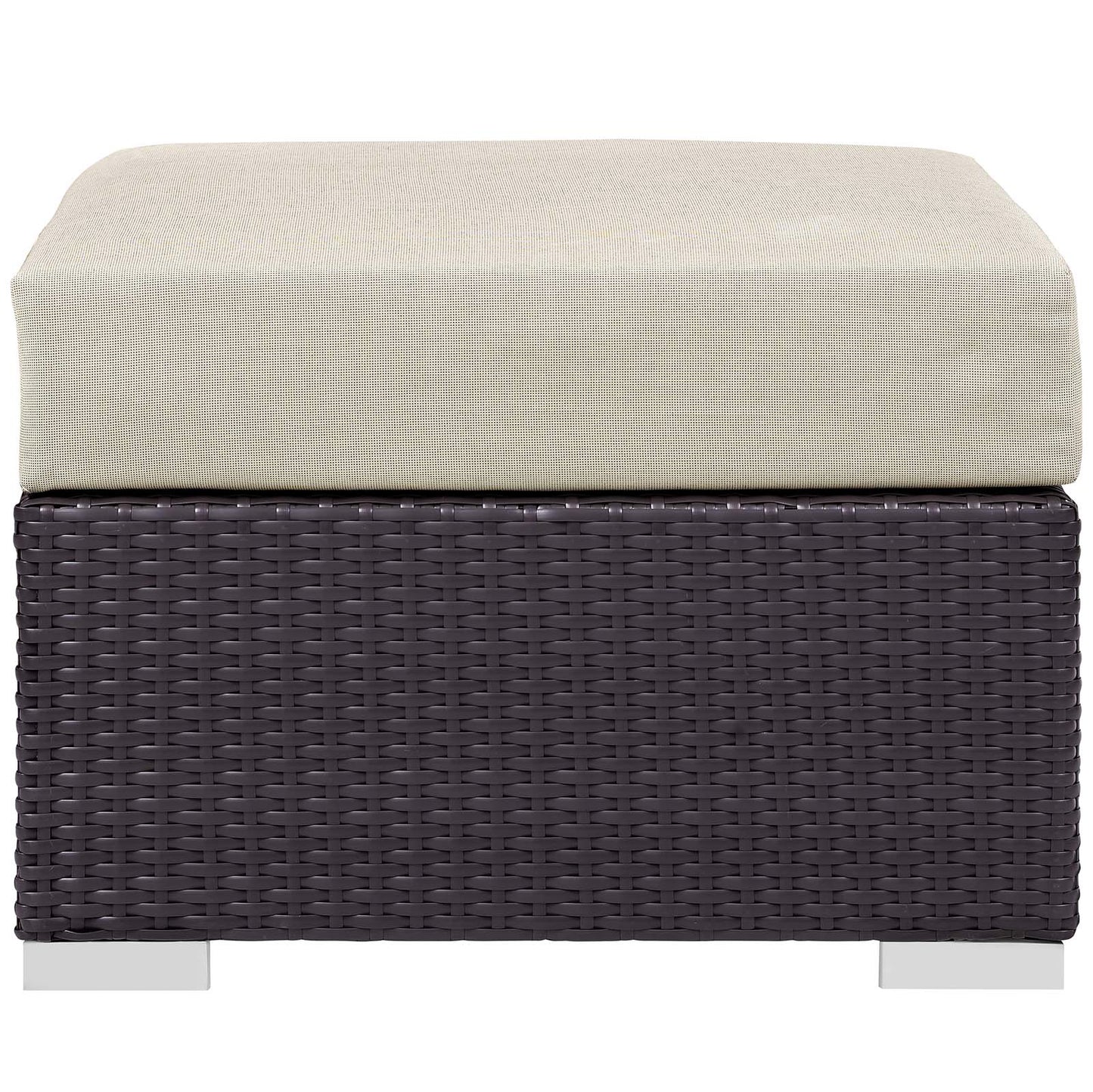 Dark brown woven wicker outdoor patio seating piece with a beige cushion & metal feet, part of a 5-piece set with a fire pit.