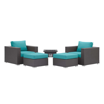 Modway Outlet Convene 5 Piece Set Outdoor Patio with Fire Pit by Modway  Outdoor Furniture Furniture Espresso Turquois - EEI-3726-EXP-TRQ-SET