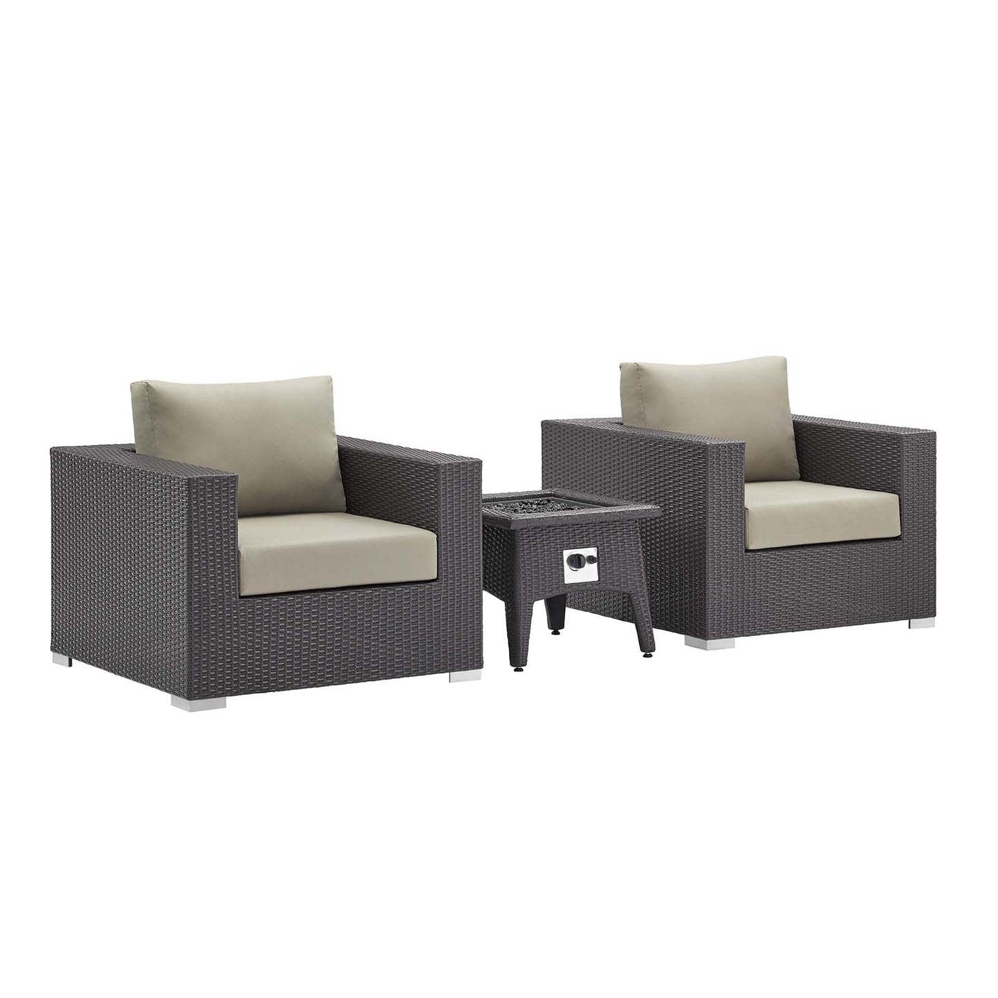 Dark brown wicker outdoor seating set with beige cushions; two square armchairs & a matching fire pit table.