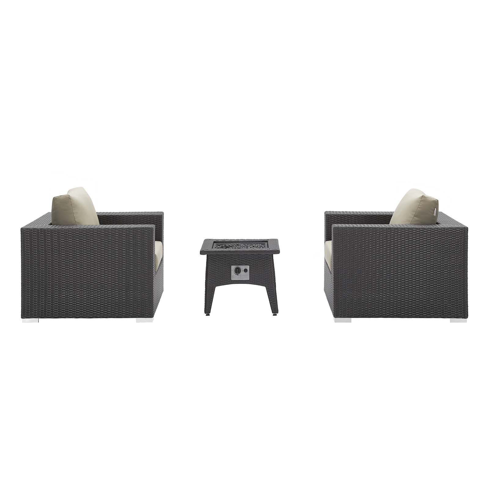 Outdoor wicker conversation set: two dark brown armchairs with beige cushions and a central square fire pit table.